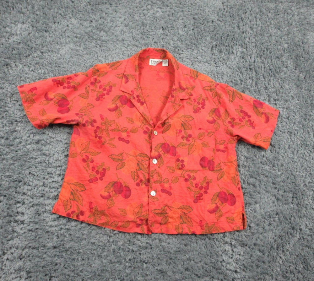 Chicos Design Shirt Womens Small Orange Red Linen Button Up Cherry Print Floral